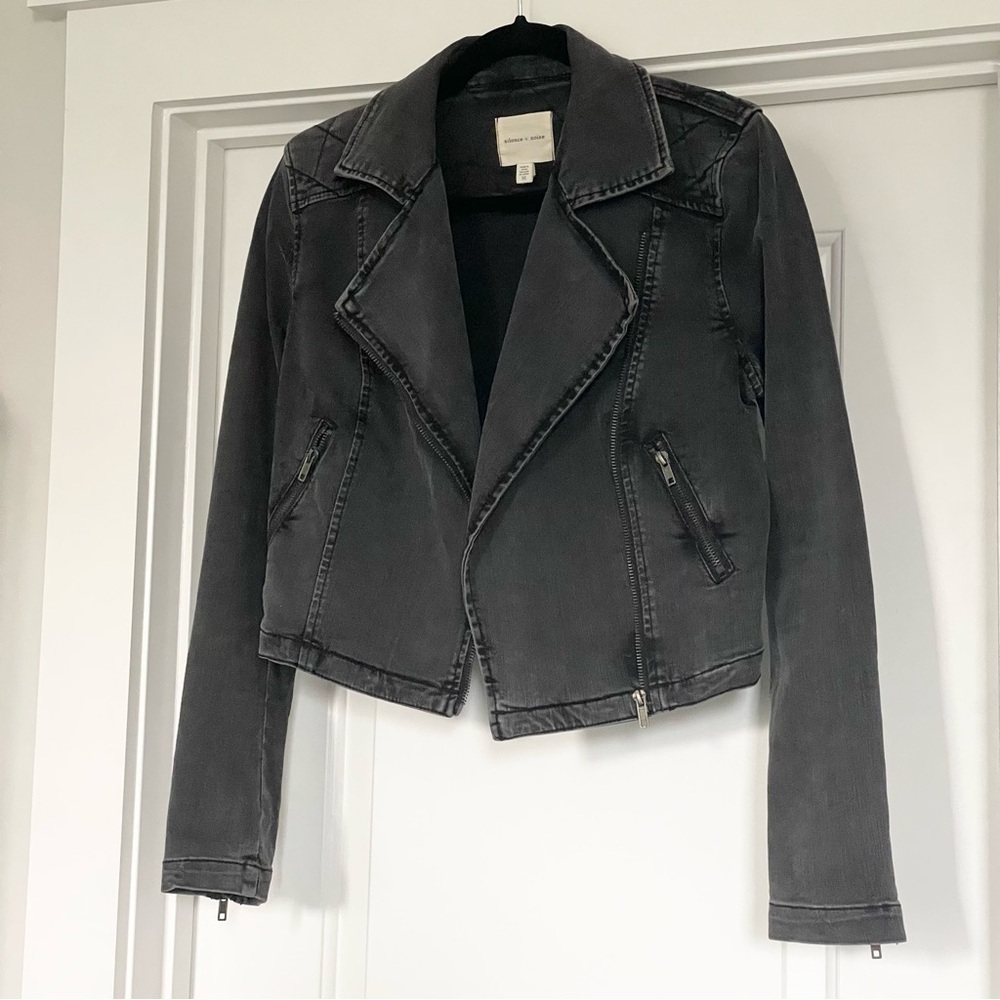 Silence + Noise Cropped Denim Moto Quilted Black Biker Jacket w Zip Size Medium